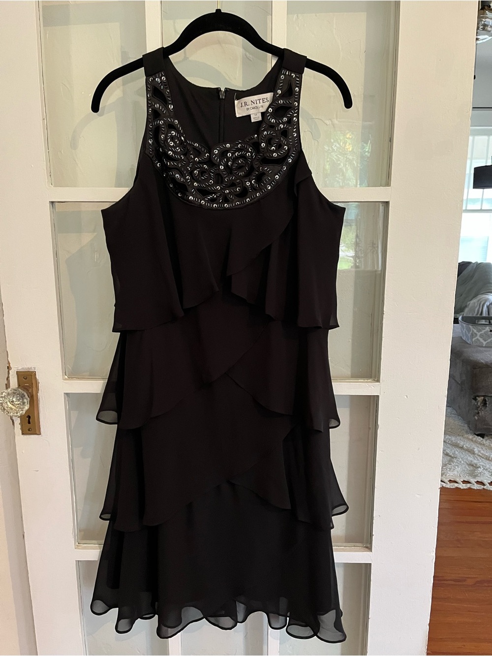 Black Beaded Tiered Evening Dress